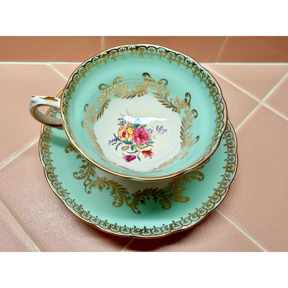 Vintage c. 1930s Grosvenor China England Turquoise Gold Floral Teacup & Saucer
